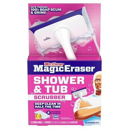 Mr. Clean Magic Eraser Shower & Tub Scrubber, Bathroom Cleaner, All in One Bathroom Cleaner, Lemon Starter Kit, 1 Scrubber & 2 Foaming Magic Erasers