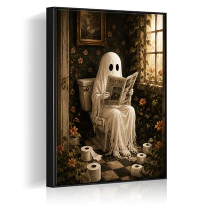Halloween Ghost Wall Art Canvas Print - Reading Ghost in Bathroom 8x10