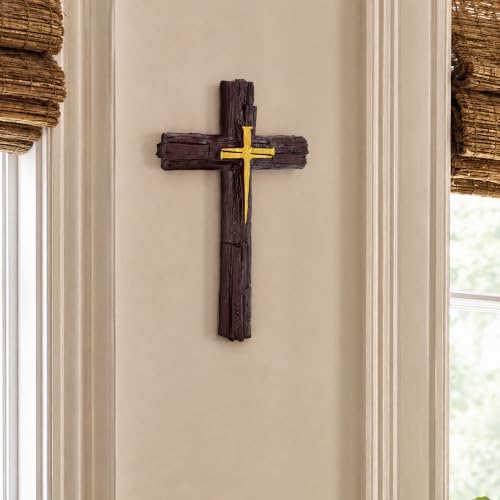 Rustic Christian Wall Cross - Resin Decor with Woodgrain Finish, 10.4 Inch