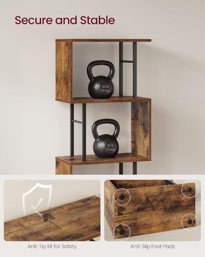 VASAGLE Rustic Brown 6-Tier S-Shaped Tall Book Shelf - 15" Wide Book Organizer