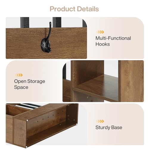 Tribesigns 71" Wall Divider with Open Shelves & Coat Hooks - Brown, 39.37" W x 11.81" D x 70.87" H