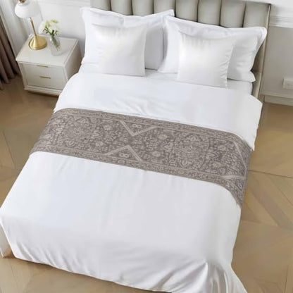 Gray Floral Bed Runner for Queen Size Bed 94x20 Inches - Rustic Satin Bedding Decor - Charcoal Taupe Variation