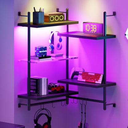 LED Floating Wall Shelves for Gaming and Display - Corner & Wall Mountable Black Shelves 29.5"
