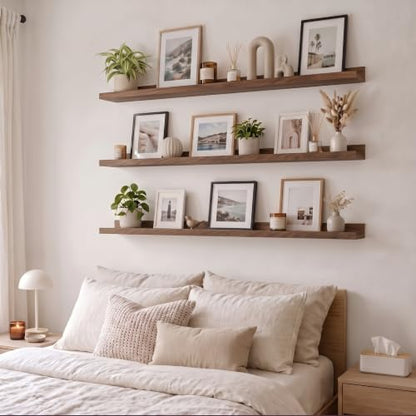Floating Wall Shelves with Front Lip - 48 Inch Black Walnut, Set of 3