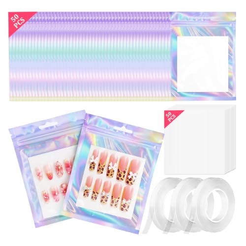 Medium Holographic Nail Packaging Bags Set with Double-Sided Tape and Cardboard - 50 Pieces