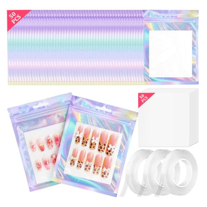 Medium Holographic Nail Packaging Bags Set with Double-Sided Tape and Cardboard - 50 Pieces