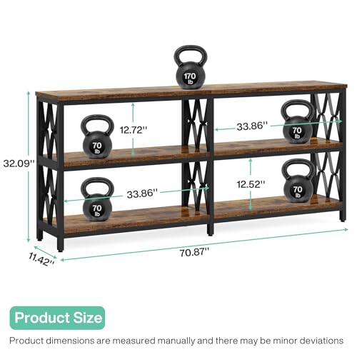 LITTLE TREE Rustic Brown & Black 70.9-Inch 3-Tier Console Table with Storage Shelves