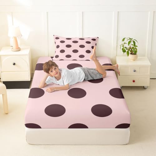 Pink Brown Polka Dot Fitted Bed Sheet Twin Size Breathable Microfiber - No Flat Sheet Included