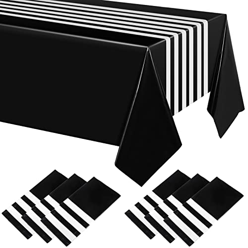 6 Pieces 86x54 Inch Black and White Striped Plastic Table Runners - Set of 6