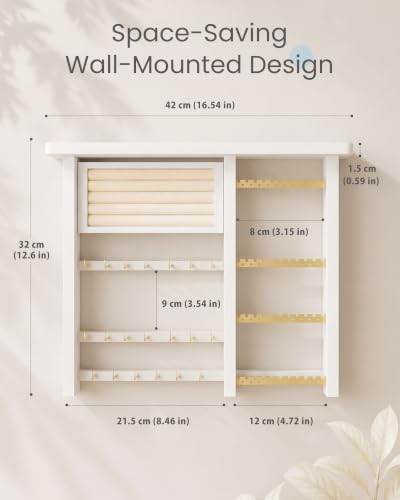 Lolalet Wall Mounted Jewelry Organizer - White Wooden Necklace and Earring Storage