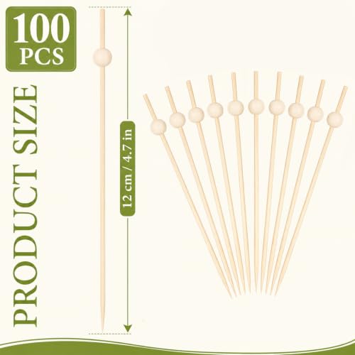 Bamboo Cocktail Picks Set - 100 Fancy Wooden Ball Skewers for Drinks & Appetizers