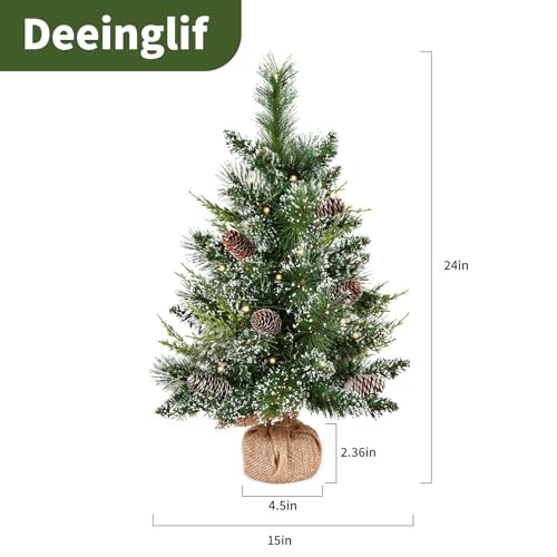 Mini Artificial Christmas Tree 2ft with LED Lights and Pine Cones, Tabletop Decor