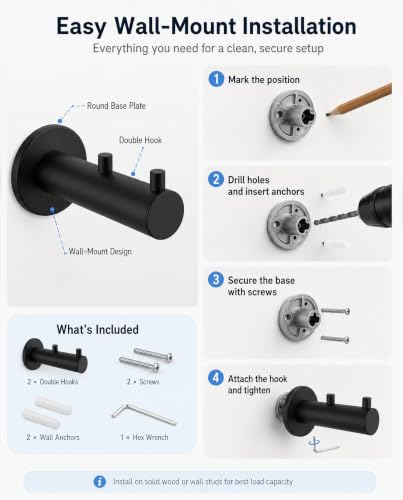 Heavy Duty Wall Hooks Double Black Matte 2 Pack for Bathroom Kitchen Entryway