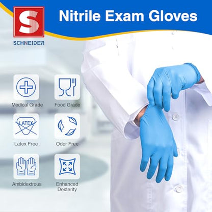 Schneider Nitrile Exam Gloves - S, 100-ct Box, Medical Grade Blue Disposable Gloves Latex Free, Rubber Glove for Cleaning, Cooking, Food Prep
