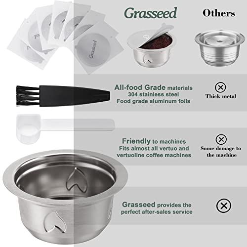 Grasseed Refillable Vertuo Capsule, Reusable Stainless Steel Vertuo Pod Kit with 40 Foil Lids, Spoon, Brush, Brew 7.8oz- Compatible with Vertuoline Machine