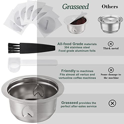 Grasseed Refillable Vertuo Capsule, Reusable Stainless Steel Vertuo Pod Kit with 40 Foil Lids, Spoon, Brush, Brew 7.8oz- Compatible with Vertuoline Machine