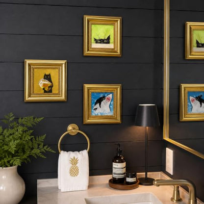 Black Cat Oil Painting with Fish Tank Gold Framed Canvas Art
