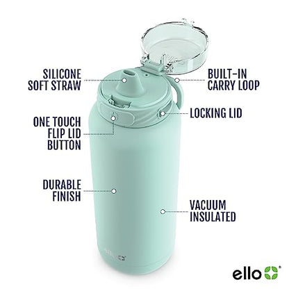 Ello Cooper 22oz Stainless Steel Water Bottle with Straw and Carry Handle, Double Walled and Vacuum Insulated Metal, Leak Proof Locking Lid with Soft Silicone Spout, Reusable, BPA Free, Yucca