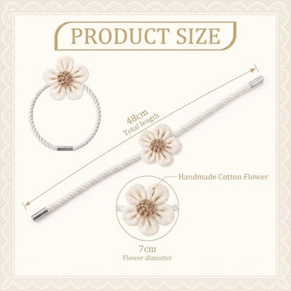 Magnetic Curtain Tiebacks 2 Pack - Boho Flower Cotton Linen Holdbacks for Bedroom Nursery Living Room