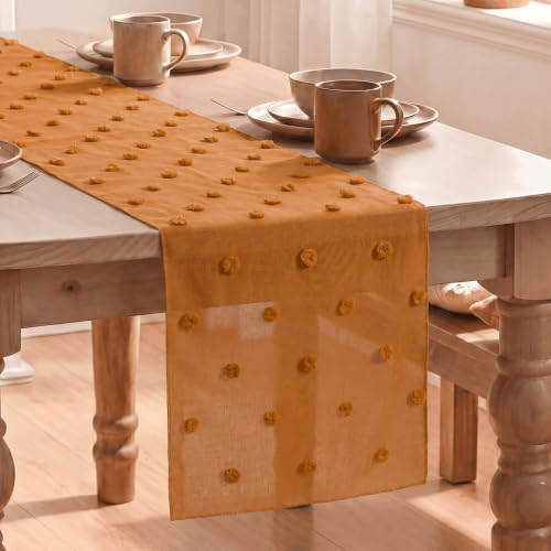 12x120 Inch Caramel Pom Pom Tulle Table Runner for Fall Thanksgiving Home Decor