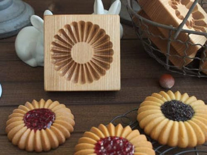 Wooden Cookie Biscuit Mold Embossed Stamp B# - Natural Beech Wood Baking Tool