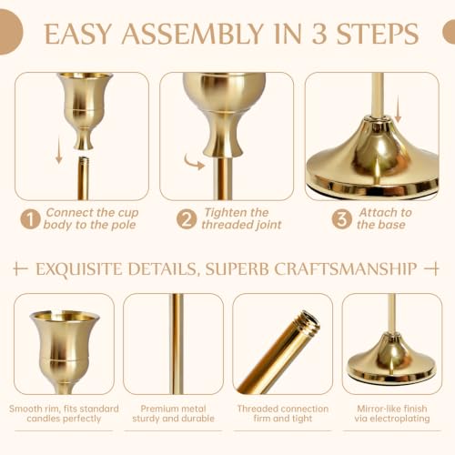 Gold Candlestick Holders Set of 6 with Weighted Wide Bases - Elegant Home Decor