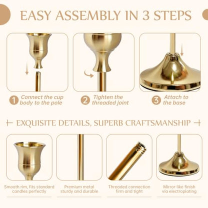Gold Candlestick Holders Set of 6 with Weighted Wide Bases - Elegant Home Decor
