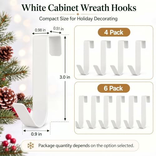 4Pcs Christmas Wreath & Cabinet Door Hooks 3x0.9'' White - No Damage
