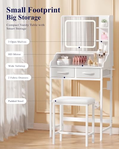 Kitsure 23.6W Small Vanity Desk with Mirror, Lights & Power Outlet - 15.8"D x 23.6"W x 50.6"H