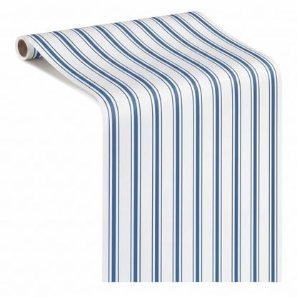 Blue and White Disposable Paper Table Runner Roll 25ft x 16in - Narrow Stripes