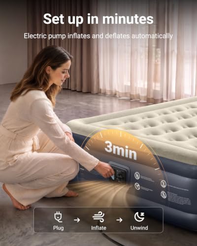Grey Queen Air Mattress with Built-in Pump, 18-Inch Elevated, Leak-Proof Support
