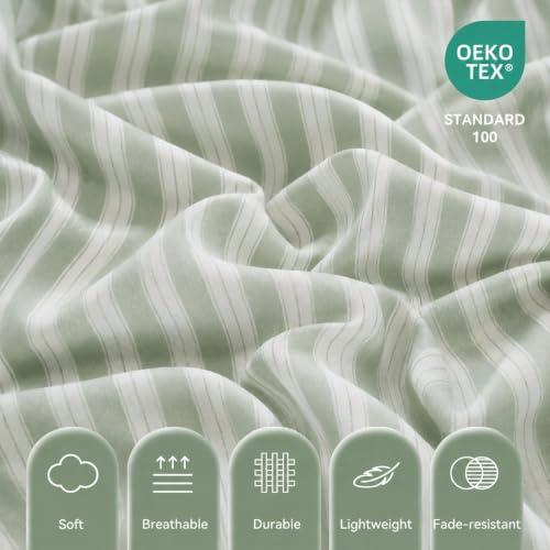 Ivellow Sage Green Striped King Bed Sheets - 4pc Ticking Bedding Set