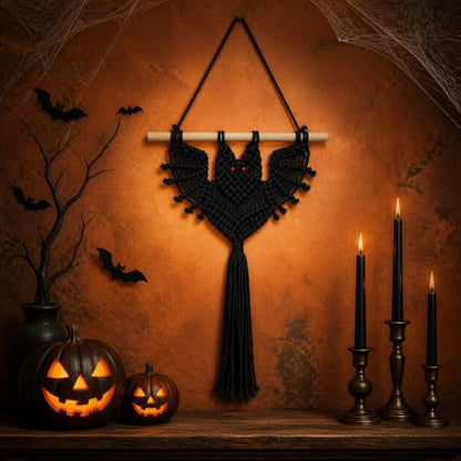 Halloween Boho Macrame Bat Wall Hanging - Black Bat Variation