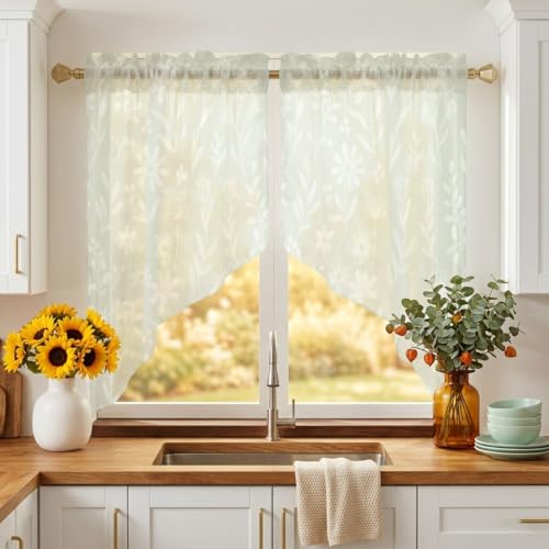 Sage Green Floral Curtain Set - 2 Panels, 45 Inch Length, Semi-Sheer Valances for Kitchen & Living Room, Rustic Pastoral Style with Variation Green, Sage, Celadon, Mist