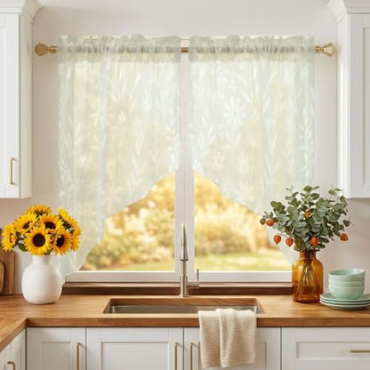 Sage Green Floral Curtain Set - 2 Panels, 45 Inch Length, Semi-Sheer Valances for Kitchen & Living Room, Rustic Pastoral Style with Variation Green, Sage, Celadon, Mist