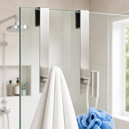 Silver Stainless Steel Shower Door Hooks 2 Pack - Rustproof Bathroom Towel Hangers