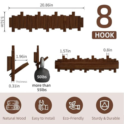 Walnut Wooden Wall-Mounted Coat Rack with 8 Hooks - Flip-Down Space Saver Hanger