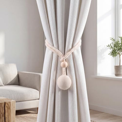 Adjustable Beige Curtain Tiebacks Rope Set for Window Decor, 2 Pack