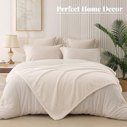 Ivory Fuzzy Fleece Throw Blanket 50x70 Inches - Extra Large Cozy Couch Blanket