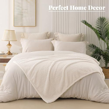 Ivory Fuzzy Fleece Throw Blanket 50x70 Inches - Extra Large Cozy Couch Blanket