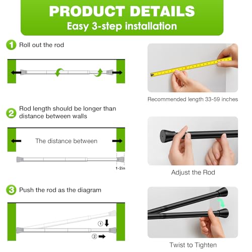 Adjustable Tension Curtain Rod 28-48 Inch Black Stainless Steel No Drill