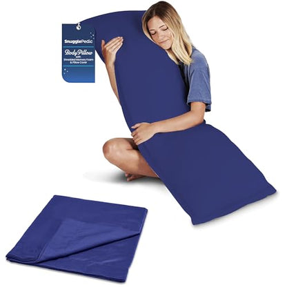 Snuggle-Pedic Body Pillow for Adults w/Navy Pillowcase - Pregnancy Pillows w/Shredded Memory Foam - Firm Maternity Side Sleeper Pillow for Adults - Long Cuddle Pillow for Bed - 20x54