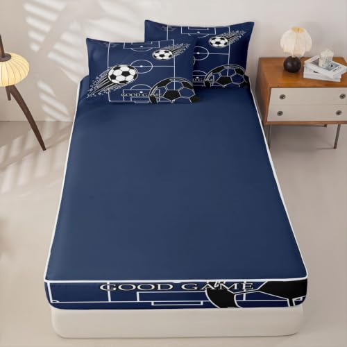 Soccer Comforter Set with Zippered Bed Cover, Fitted Sheet & Pillowcases - Navy Blue, Black & White, Full Size