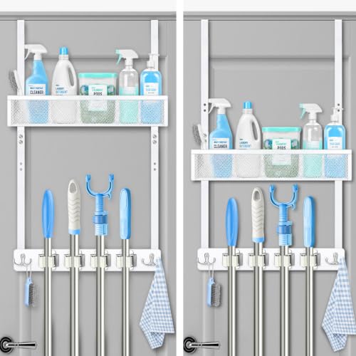 Over the Door Broom and Mop Holder with Adjustable Metal Basket Wall Mount
