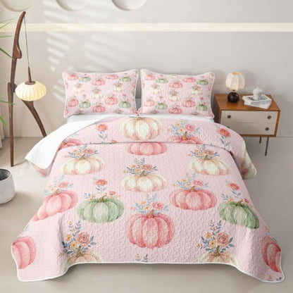 Pink Autumn Pumpkin Quilted Bedspread Full Size - Rose Floral 3-Piece Bedding Set