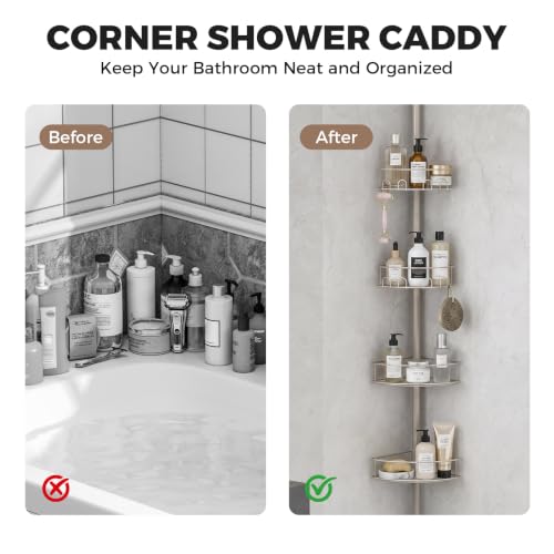 TOOLF Corner Shower Caddy Tension Pole 4-Tier Bathroom Organizer Gray