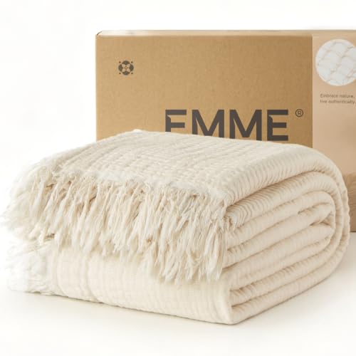 EMME 100% Cotton Muslin Blanket with Tassels - Khaki Queen 80x90 Inches
