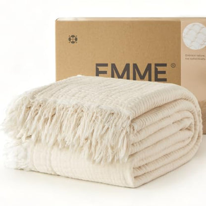 EMME 100% Cotton Muslin Blanket with Tassels - Khaki Queen 80x90 Inches