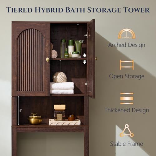 72-Inch Wooden Over The Toilet Bathroom Storage Cabinet - Brown, Arched Fluted Design