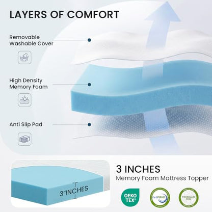 Queen Size 3-Inch Gel Memory Foam Mattress Topper Ventilated Soft Cover - White